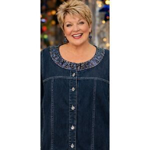 Quacker Factory Denim Jacket Medium Wash Embellished Size 2X Sparkle, Glam